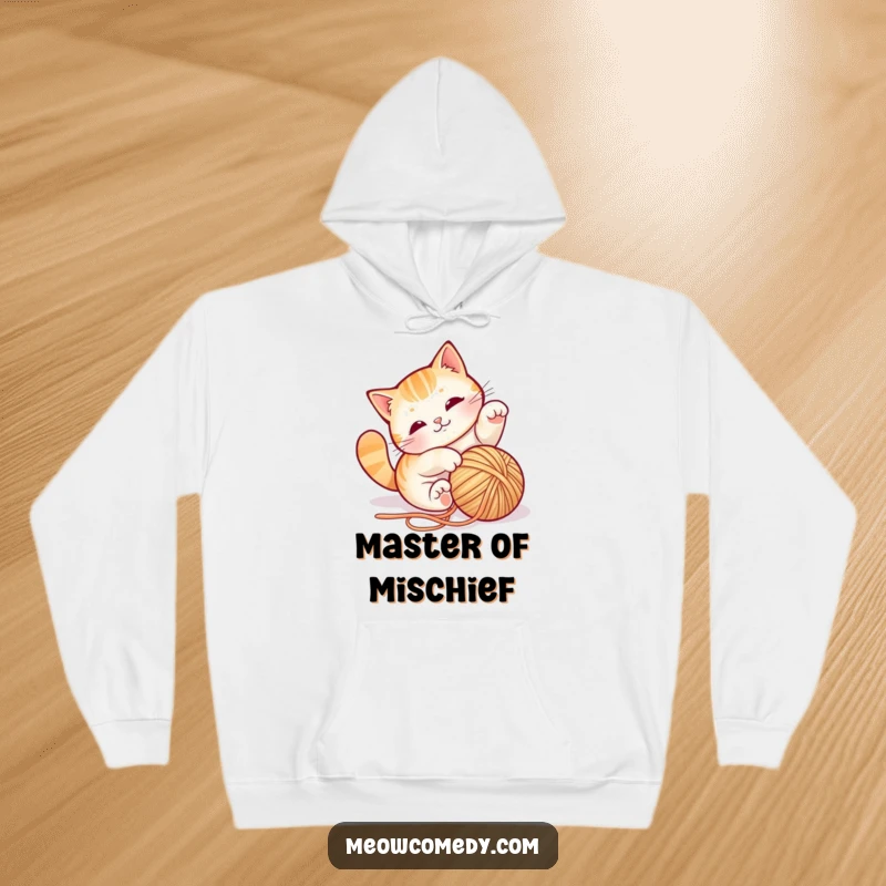 Funny cat with yarn hoodie, caught in a playful tumble, soft and warm, showing off adorable feline energy, cozy apparel.
