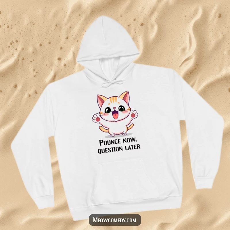 Funny hoodie depicting an animated cat executing a playful pounce, paws out, ready for action.