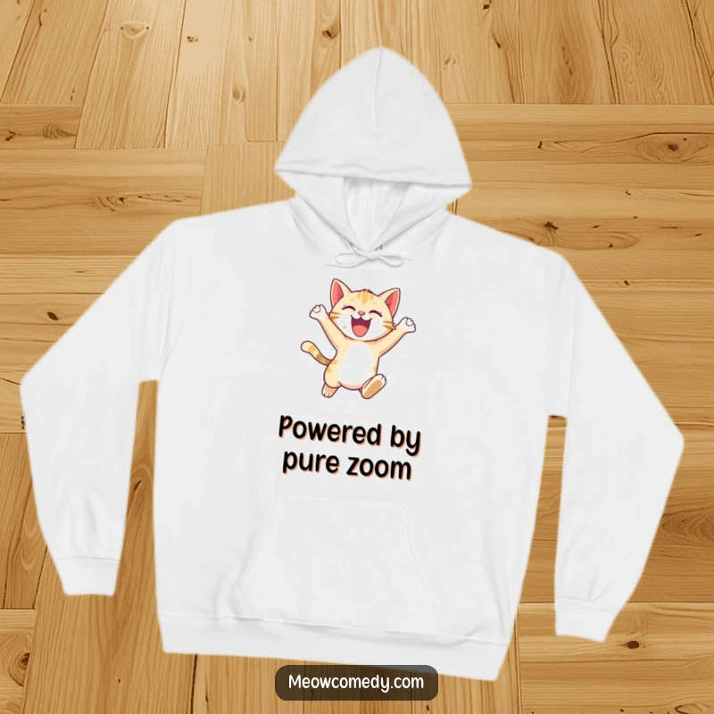 Funny Cat Leap Hoodie: an energetic cat cub, gracefully leaping with excitement, offering warmth and dynamic vibes.