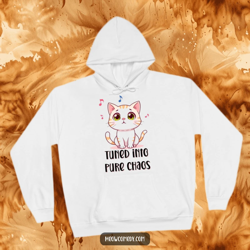 Funny hoodie graphic of a wide-eyed cat staring in disbelief at a fun, dancing musical note, showcasing pure wonderment.