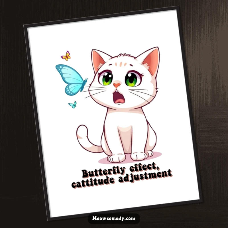 Funny Free Printable Wall Art: Startled cat with eyes wide follows a dancing butterfly, creating a humorous scene.