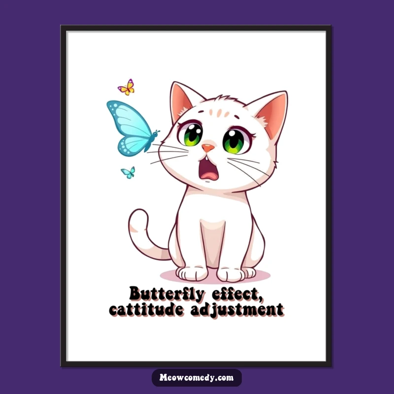 Funny Free Printable Wall Art: Startled Cat Chasing Butterfly, Humorous Downloadable Decor