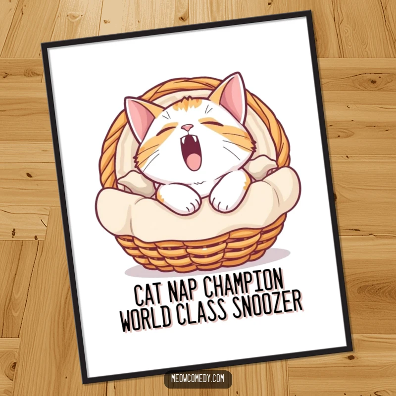 Funny Free Printable Wall Art featuring a content, sleepy cat yawning widely inside a snug, stylized basket, perfect for cozy spaces.