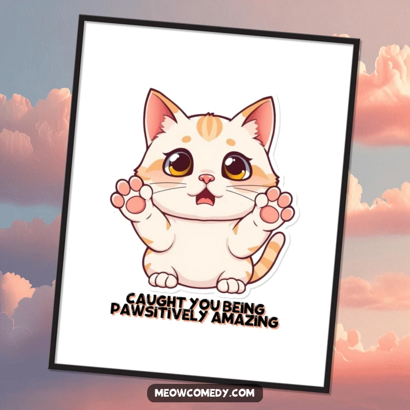 Hilarious Free Printable Wall Art of a cat in a state of comical mock fear, paws up, eyes wide in a surprised expression.