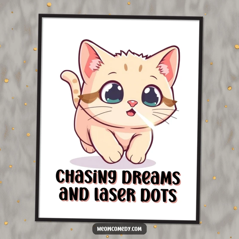 Funny Free Printable Wall Art: An energetic kawaii cat leaps after a dazzling laser dot with intense focus.