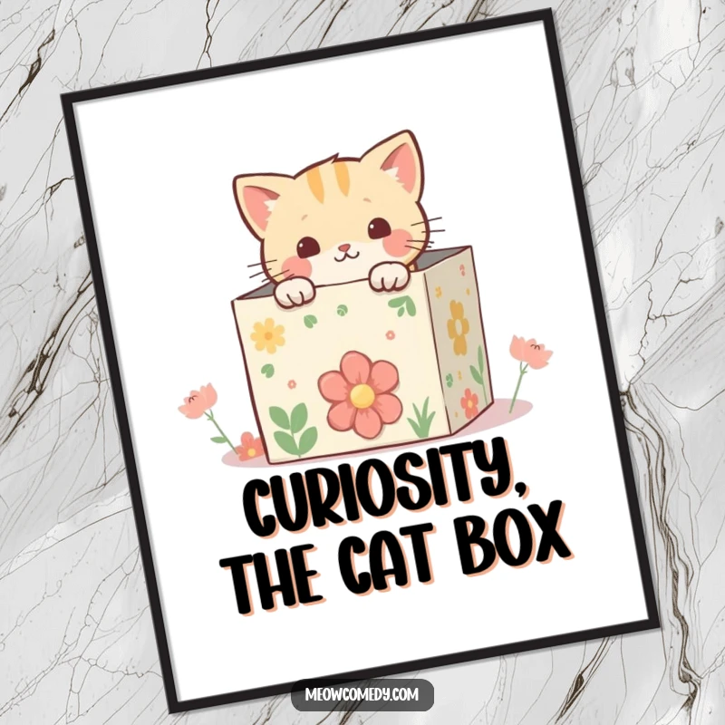 Funny Free Printable Wall Art: Kawaii cat peeking from a whimsical, decorated box, a downloadable piece of playful art.