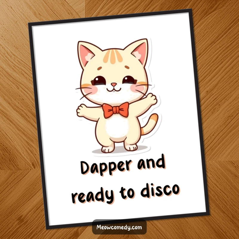 Funny Free Printable Wall Art: A cute kawaii cat wearing a bow tie, enthusiastically doing a hilariously silly dance. Whimsical and fun art.