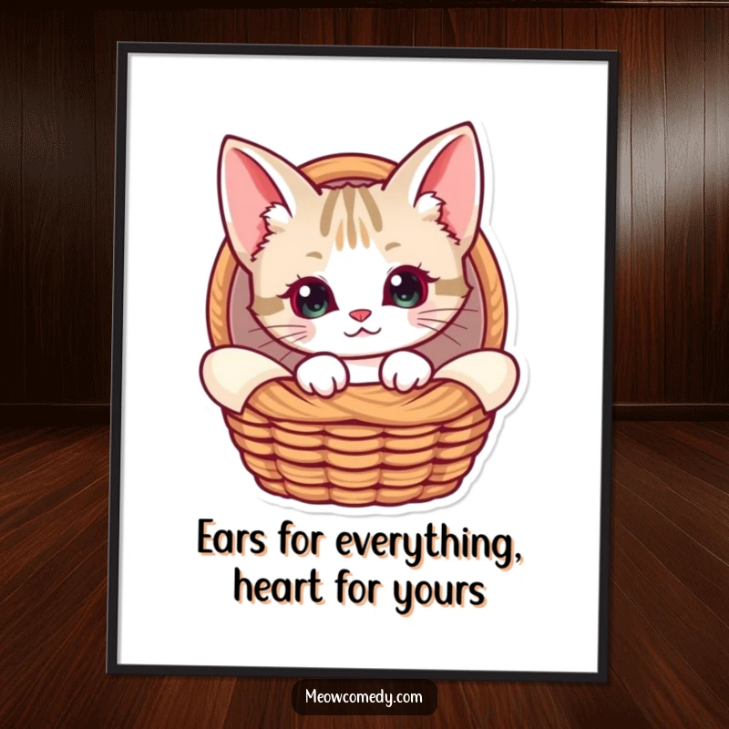 Funny Free Printable Wall Art: A kawaii cat with enormous ears innocently peeks from a comfortable, woven basket.