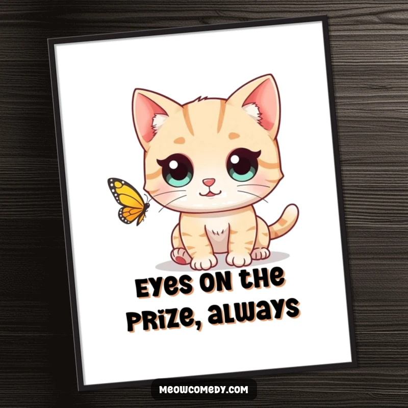 Funny Free Printable Wall Art: A cute cat with enormous eyes is hilariously focused on chasing a fluttering butterfly. Playful and engaging.