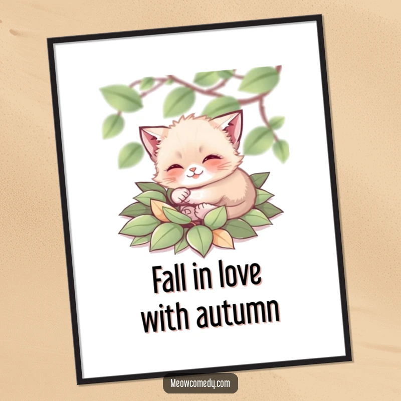 Funny Free Printable Wall Art: A small cat gleefully rolls around in a large pile of soft, colorful autumn leaves.