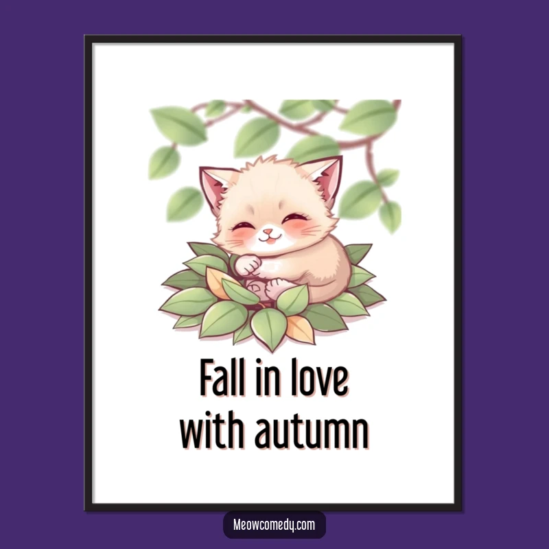 Free Printable Wall Art: Tiny Cat in Leaves for a Whimsical Decor Piece