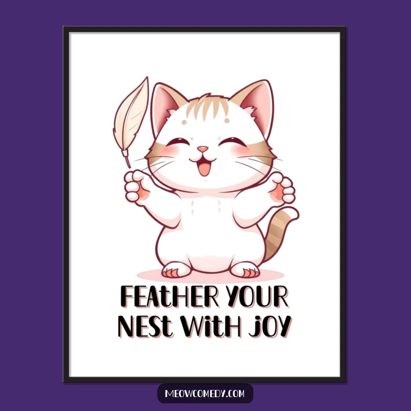 Free Printable Wall Art: Playful Cat Feather Chase, Funny Downloadable Art