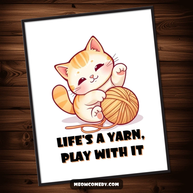 Whimsical Free Printable Wall Art depicting a playful cat comically tangled and tumbling with a large ball of colorful yarn.