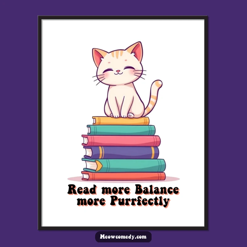 Free Printable Wall Art: Bookish Cat Balance - Quirky Funny Downloadable Decor