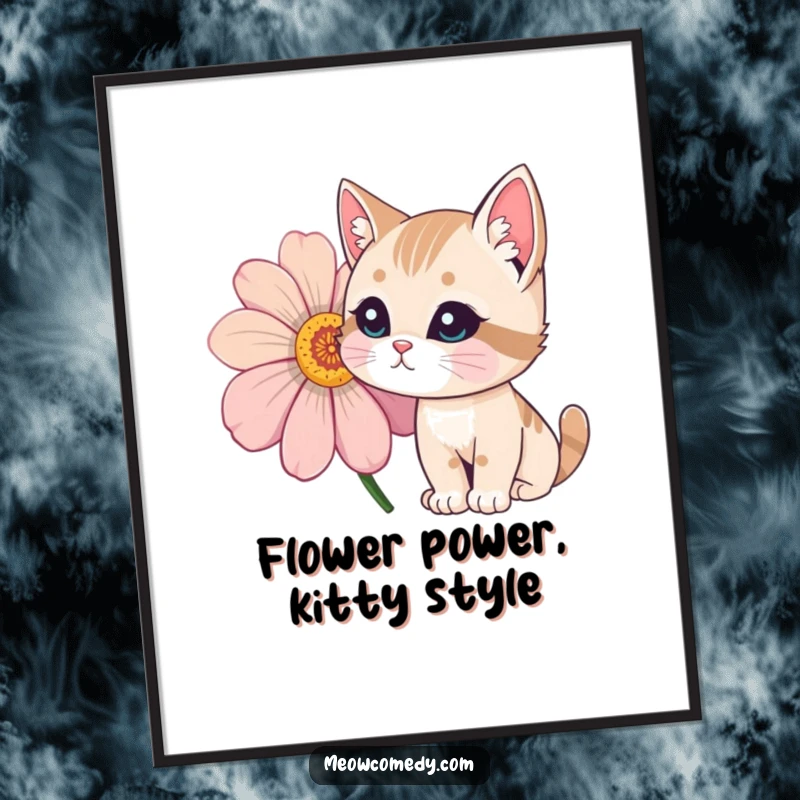 Funny free printable wall art, a cat with an inquisitive nose sniffing a giant, vibrant flower, capturing a moment of natural wonder.
