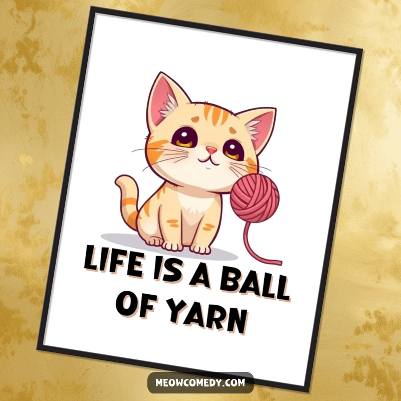 Funny Free Printable Wall Art featuring a curious cat with perked ears staring intently at a spinning ball of yarn.
