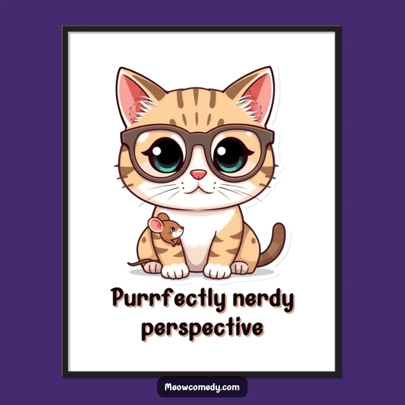 Free Printable Wall Art: Funny Kawaii Cat Spectacles, Tiny Mouse Friend, Humorous Downloadable Art