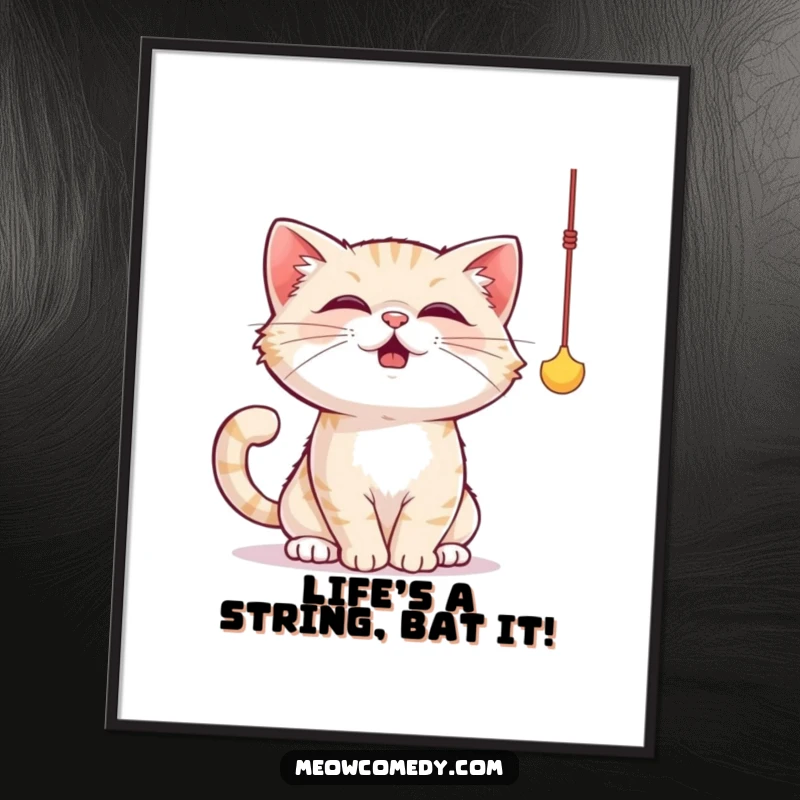 Funny Free Printable Wall Art showing a cute cat enthusiastically batting at a dangling string toy with focused playfulness.