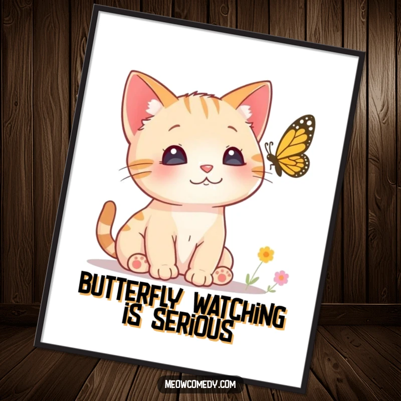 Funny Free Printable Wall Art: A small cat with sharply perked ears intently focuses its gaze on a fluttering butterfly.