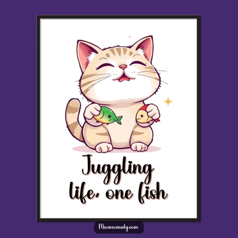 Funny Free Printable Wall Art: Juggling Cat, Happy Vibes, Humorous Downloadable Decor
