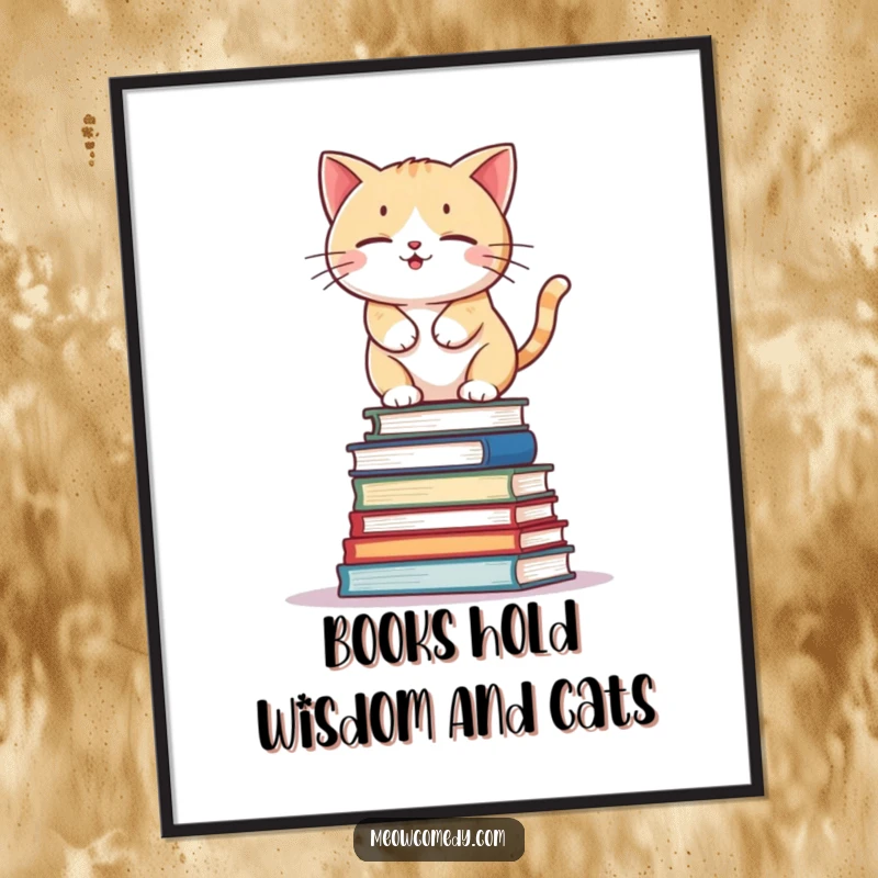 Funny Free Printable Wall Art: A kawaii cat precariously balancing on a tall, unstable stack of colorful books.
