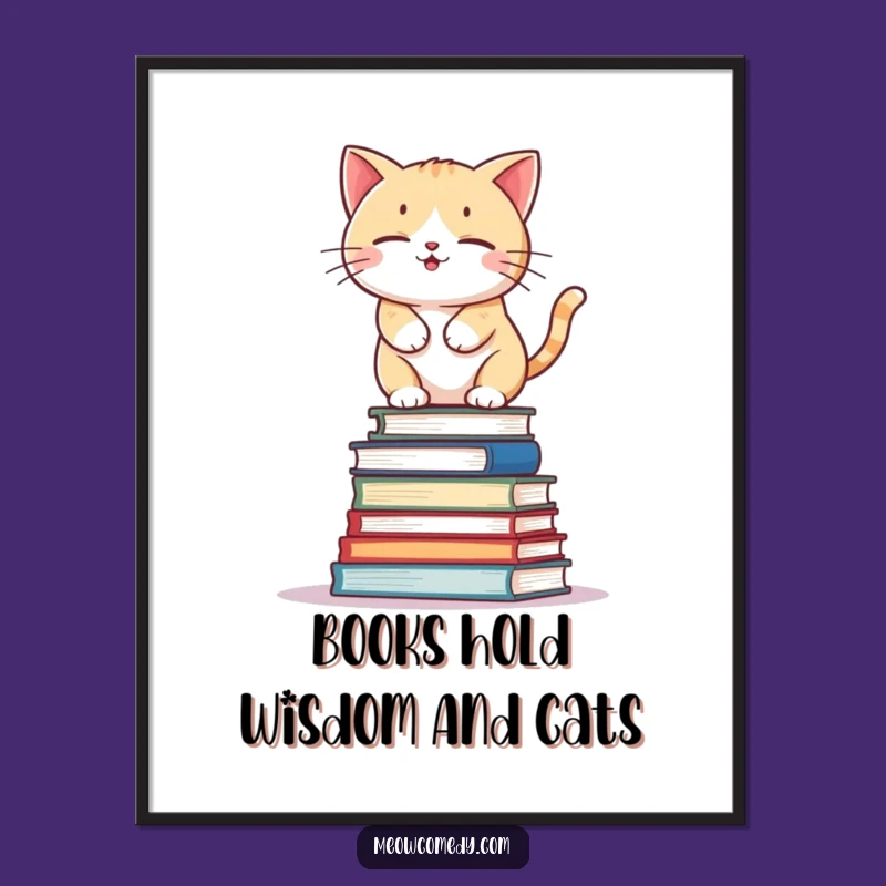 Funny Free Printable Wall Art: Kawaii Cat Book Balance - Downloadable Art Decor