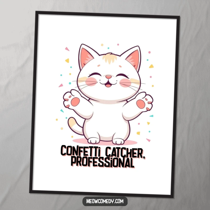 Funny Free Printable Wall Art: Kawaii cat with paws outstretched, catching digital confetti, a downloadable piece of celebratory art.
