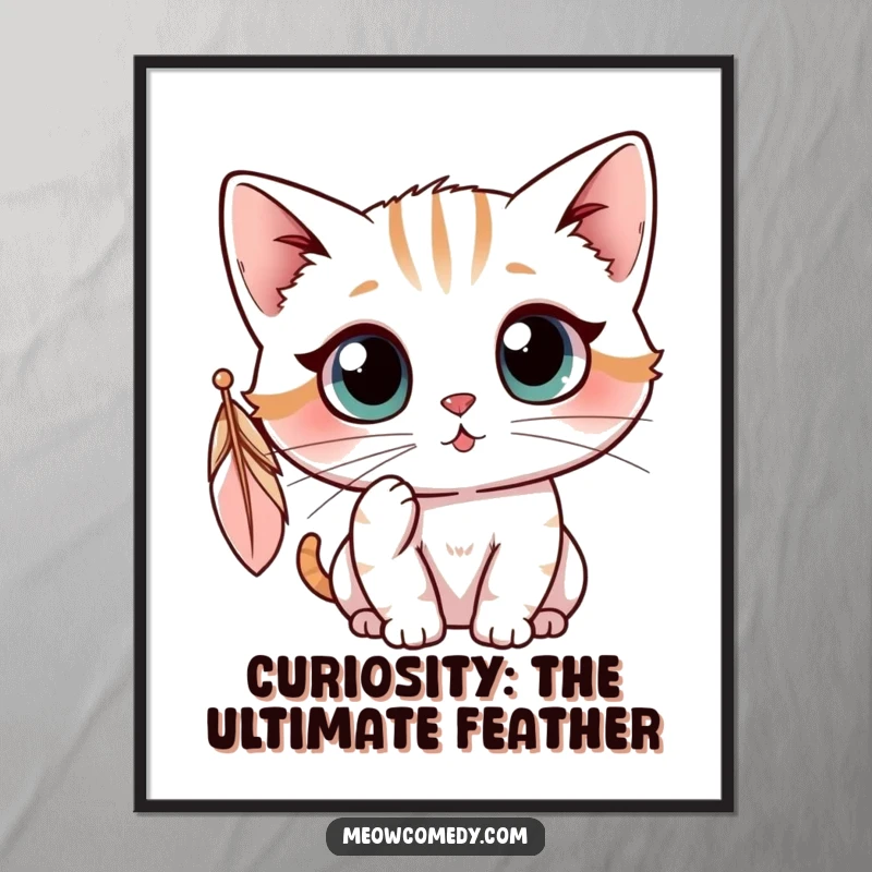 Funny Free Printable Wall Art: A kawaii cat with large, curious eyes playfully swatting at a feather.