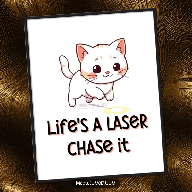 Funny Free Printable Wall Art: A kawaii cat in mid-pounce chasing a bright red laser dot on a floor.