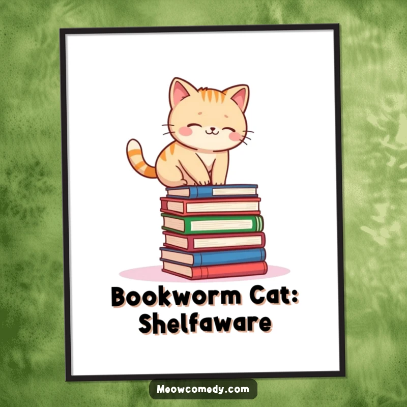 Funny free printable wall art: Adorable kawaii cat attempts to balance on a teetering stack of colorful books, looking focused.