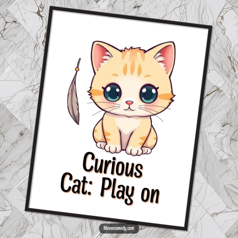 Funny free printable wall art: Adorable kawaii cat with huge, curious eyes intensely bats at a dangling, fluffy feather.