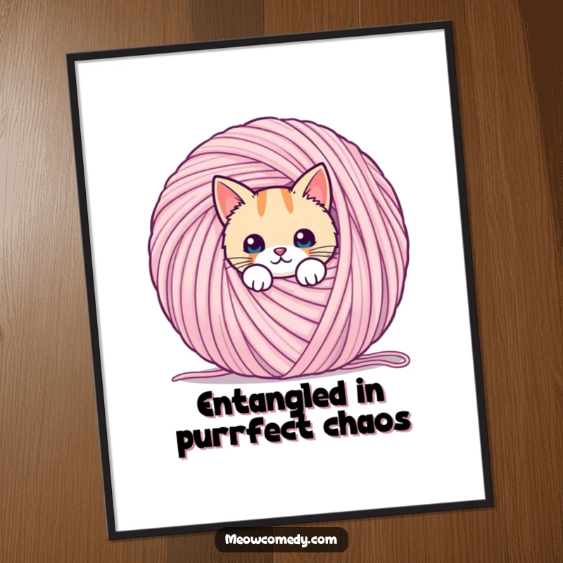 Funny Free Printable Wall Art: A kawaii cat playfully peeks from behind an oversized ball of colorful yarn.