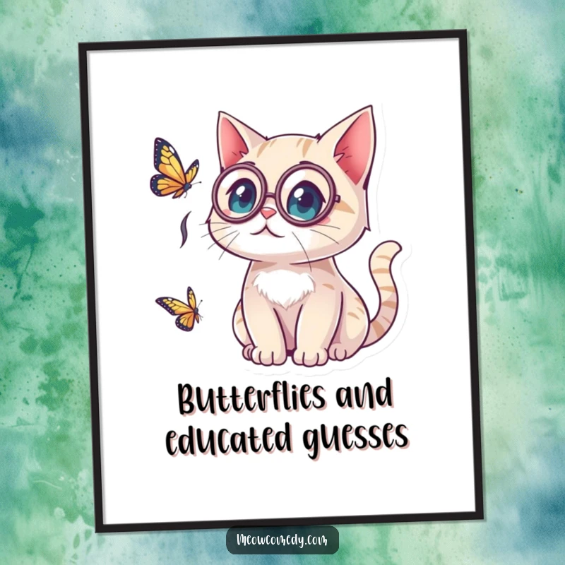 Funny Free Printable Wall Art: Kawaii cat with a monocle, wide-eyed surprise at a butterfly, a downloadable piece of whimsical art.