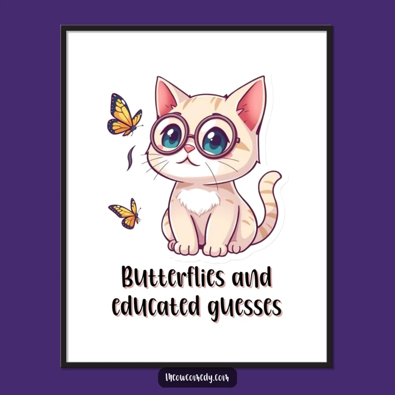 Funny Free Printable Wall Art: Surprised Kawaii Cat - Monocle Butterfly Downloadable Decor