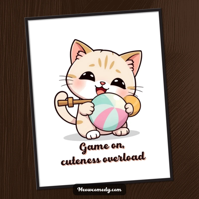 Funny Free Printable Wall Art: A kawaii cat bats a colorful ball with delight, an adorable downloadable art piece.