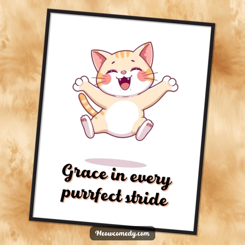 Elegant Free Printable Wall Art depicting a happy cat in a moment of pure grace, performing a joyful and soaring leap.