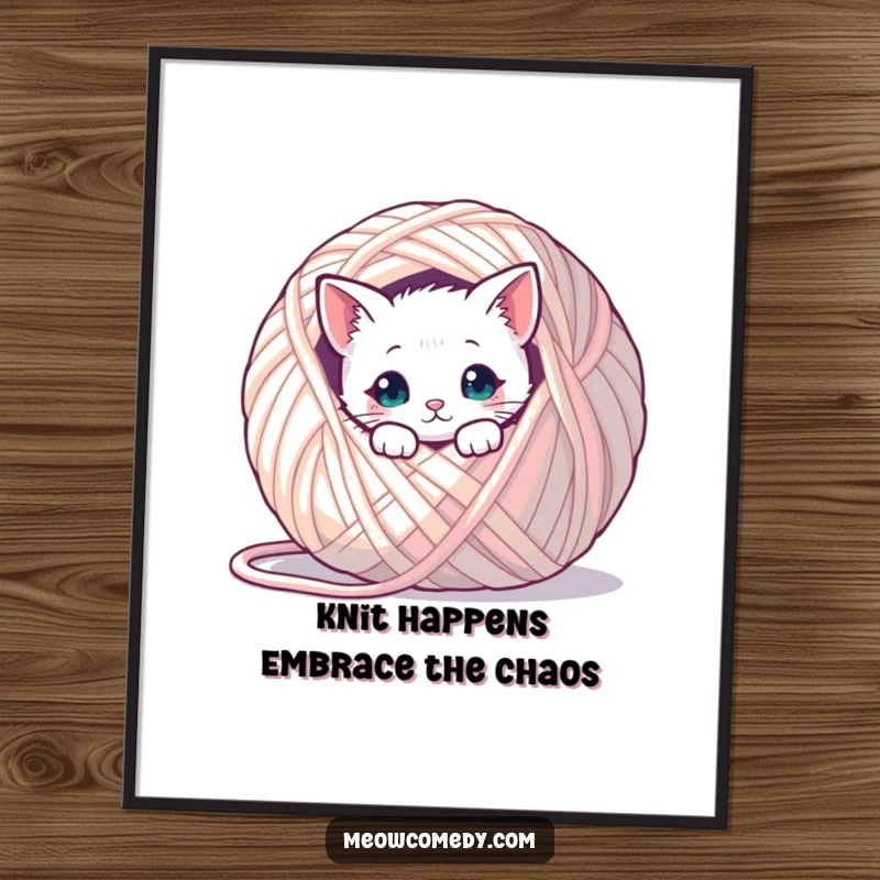 Funny Free Printable Wall Art: A cute kawaii cat curled up asleep behind a giant ball of yarn.