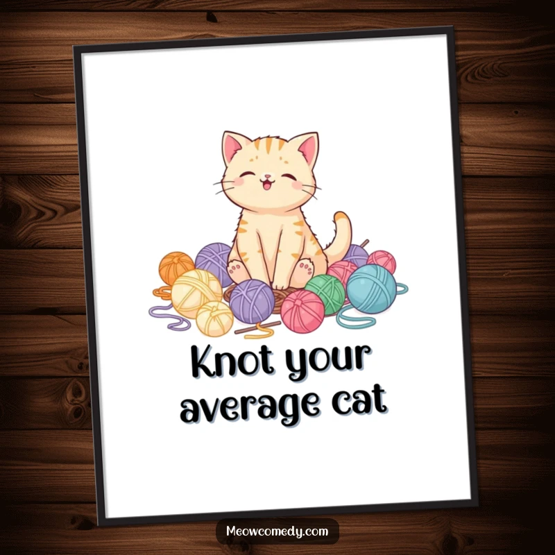 Free Printable Wall Art showcasing a smug kawaii cat perfectly content in its kingdom of scattered yarn balls.