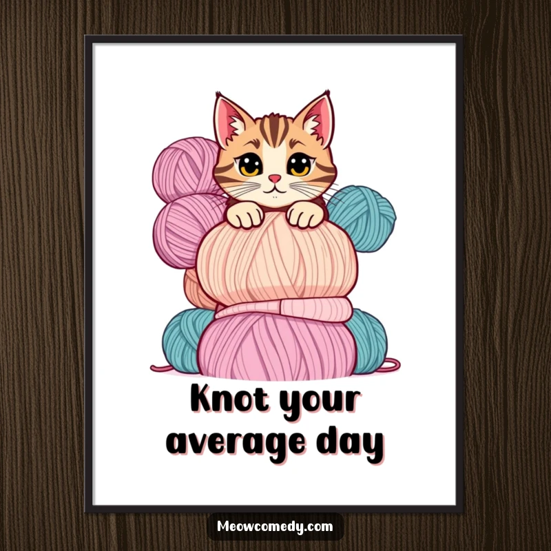 Funny Free Printable Wall Art depicting a mischievous cat peeking slyly over a tall, precarious stack of colorful yarn balls.