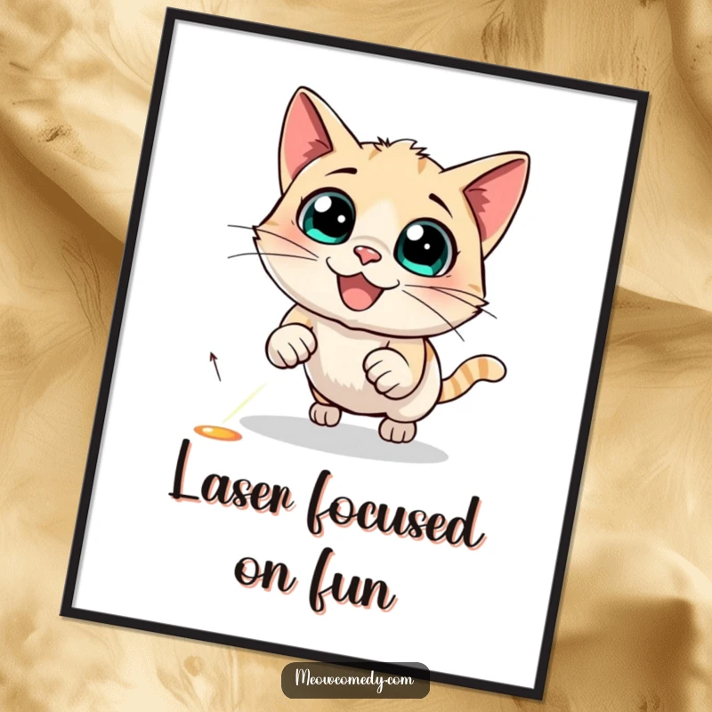 Funny free printable wall art, a cat with bugged-out eyes chasing a laser pointer dot with frantic energy, a humorous scene.