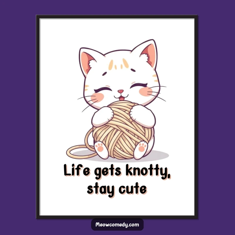 Free Printable Wall Art: Tangled Kawaii Cat Yarn, Funny Animal Decor Downloadable