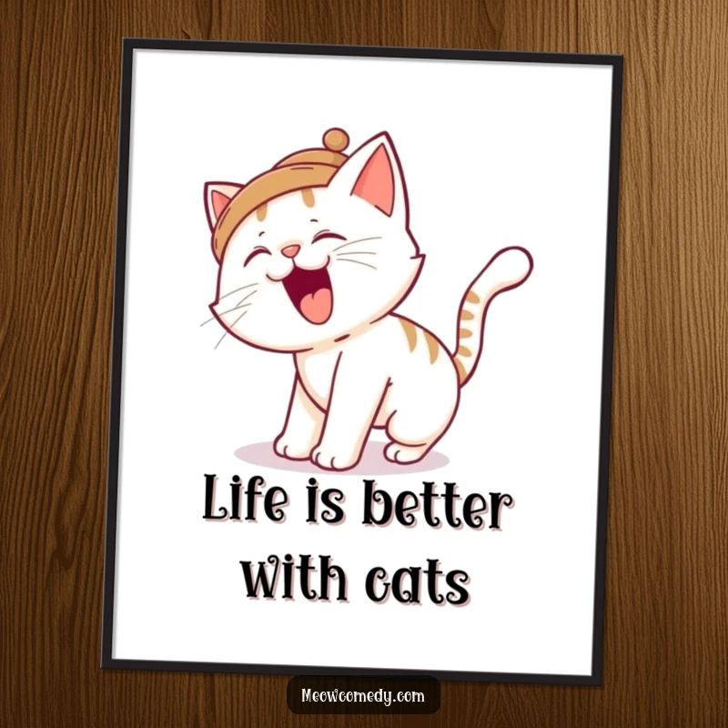 Funny Free Printable Wall Art: a silly cat wearing a tiny hat comically trips over its own tail.