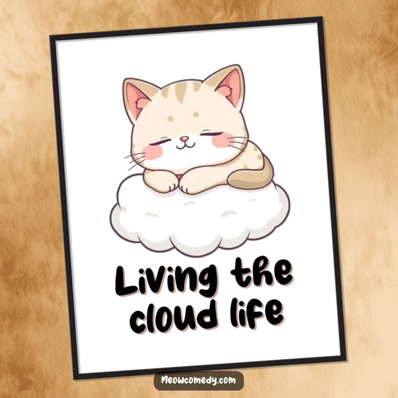 Funny free printable wall art, a contented cat sleeping soundly on a soft cloud, radiating peaceful, happy energy.