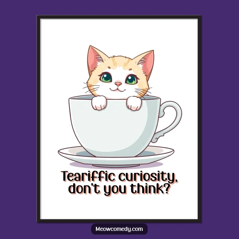 Free Printable Curious Cat Wall Art: Teacup Peek, Humorous Downloadable Decor Gift