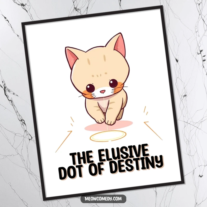 Funny Free Printable Wall Art: A kawaii cat playfully zooms across the floor, chasing a tiny red laser dot.