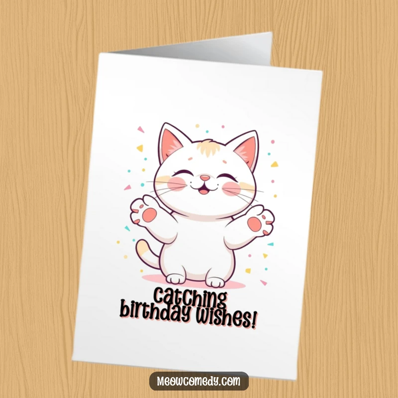Funny Free Printable Birthday Card: Kawaii cat with outstretched paws catching digital confetti, a festive and downloadable birthday wish.