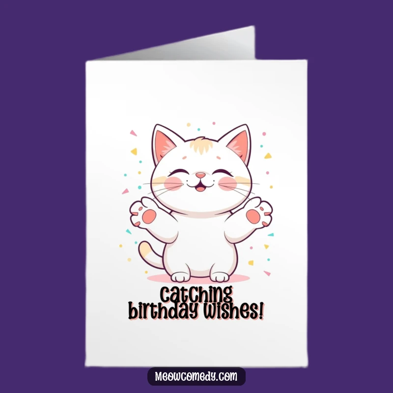Free Printable Birthday Card: Kawaii Cat Catches Confetti - Fun Downloadable Gift