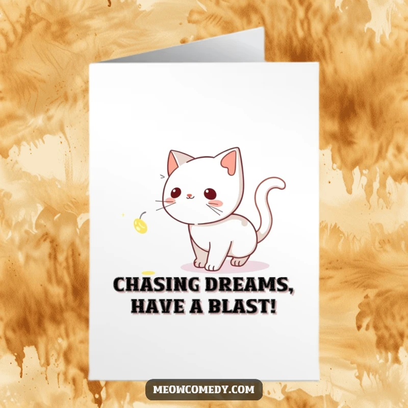 Funny Free Printable Birthday Card: Curious cat tiptoes stealthily after a glowing, shimmering firefly at night.