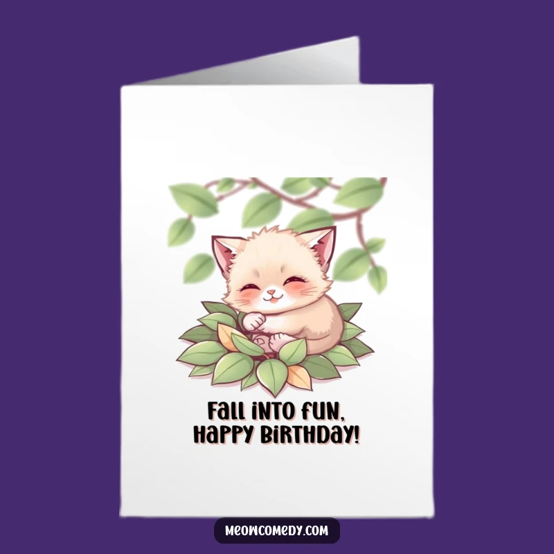 Free Printable Birthday Card: Tiny Cat Rolling in Leaves for a Joyful Birthday