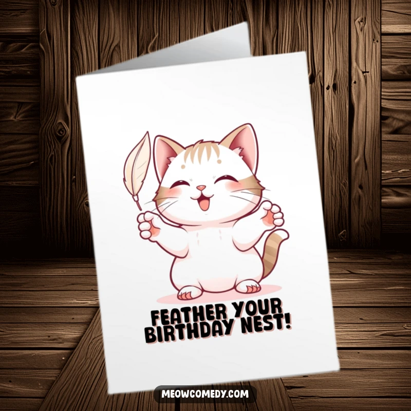 Funny Free Printable Birthday Card featuring a playful cat batting at a feather, ready for a laugh.